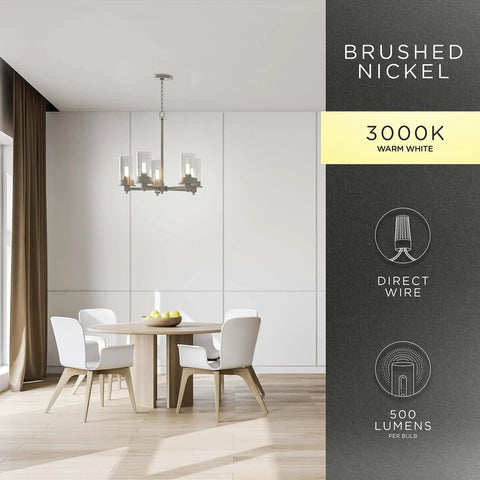 Dining room with Five Head Modern Farmhouse Chandelier LED Silver Light Fixture, brushed nickel finish glowing 3000K warm white