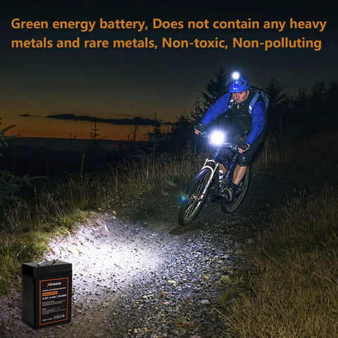 Cyclist using 6V 4.5Ah LiFePO4 Battery Two Pack With Built In BMS for night riding, showcasing green energy benefits
