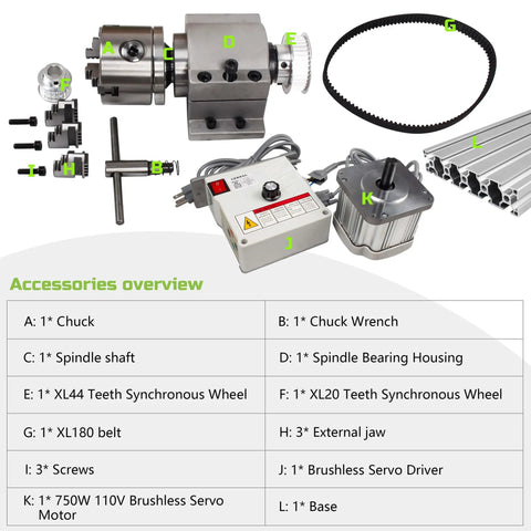 Image displaying components of the Beefy Lathe Chuck Spindle Assembly Kit With 3 Jaw Chuck And 750W 110V Brushless Servo Motor Speed Controller.