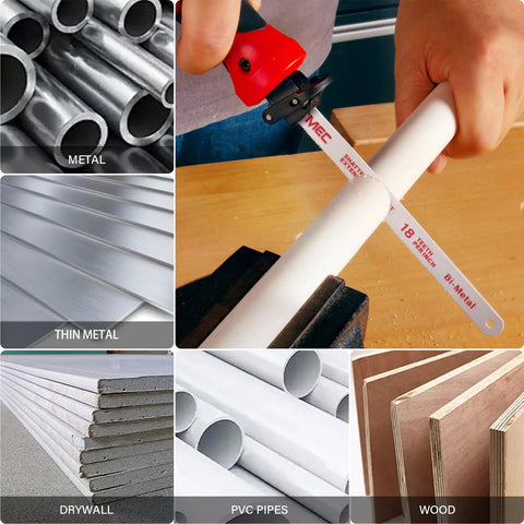 10-In-1 Hand Saw Kit With Quick-Release Blades cutting PVC pipe, showcasing versatility with materials like metal, wood, drywall.