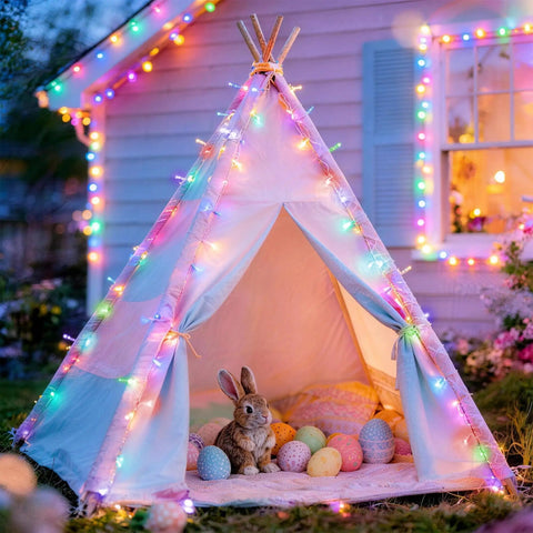 Pastel Outdoor String Lights 66ft 200 LED With 8 Modes Waterproof Plug In Connectable Twinkle Fairy Lights on tent and house