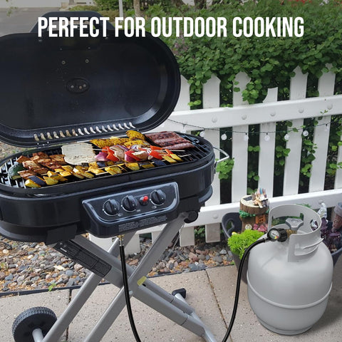 Outdoor grill connected to a propane tank using Propane Hose Adapter 1lb To 20lb With Gauge 6 Foot LP Gas Hose Converter.
