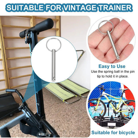 Quick Release Pins 1/4 Inch Diameter, 1.5 Inch Usable Length displayed with exercise equipment and bicycle use case