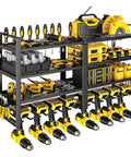 Power Tool Organizer Wall Mount Four Layer Heavy Duty Metal Storage Rack With Eight Drill Holders Cordless Tool Storage For Garage Workshop Keeps Tools Neat And Ready To Grab, side view showing neatly arranged tools and drills on steel rack.