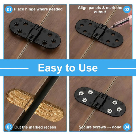 Rock Solid 2 Piece 180 Degree Flip Top Hinges For Folding Tables, Heavy Duty Corrosion Resistant Zinc Alloy Drop Leaf Hardware installation steps.
