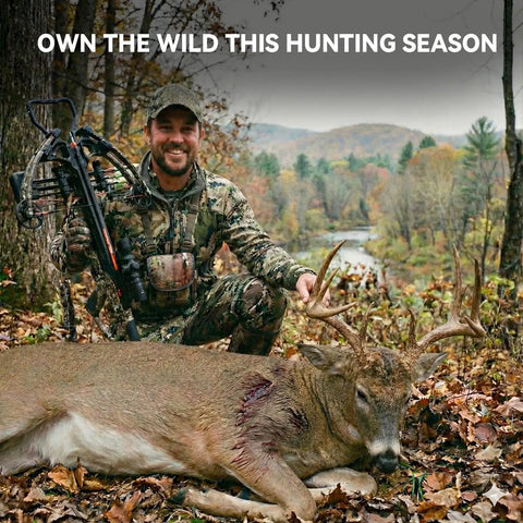 Hunter with crossbow kneeling beside a deer in a forested area, exemplifying hunting success and wilderness experience.