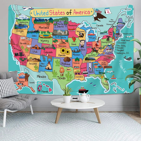 Colorful USA Map Wall Tapestry For Kids With Cartoon Fun Facts Geography Decor For Bedroom And Living Room, Educational Wall Hanging 71 By 60 Inches, Polyester Fabric, Indoor Outdoor Use, Easy To Clean displayed on wall.