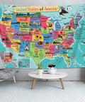 Colorful USA Map Wall Tapestry For Kids With Cartoon Fun Facts Geography Decor For Bedroom And Living Room, Educational Wall Hanging