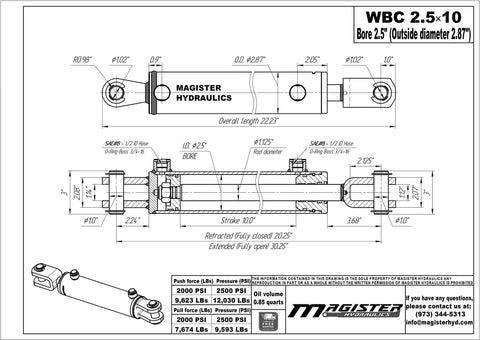 Built Tough Double Acting Hydraulic Cylinder With Clevis Ends For Farm Equipment 2.5 Inch Bore And 10 Inch Stroke At 2500 PSI Tie Rod Alternative Welded Universal Cylinder schematic