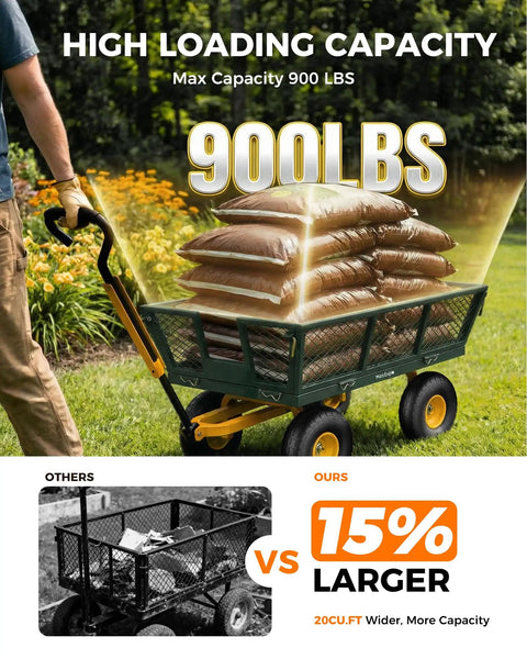 Heavy Duty Steel Garden Cart With 880 Lbs Capacity On Wheels Utility Wagon showing 900 lbs load of soil bags