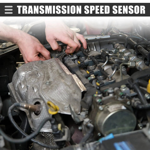 Hands working on a Heavy Duty Transmission Vehicle Speed Sensor for Ford F150 during installation in an engine compartment.