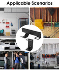Collage showing wall mounted jack stand for garage and workshop in industrial grade steel, heavy duty car jack holder with reinforced hook.