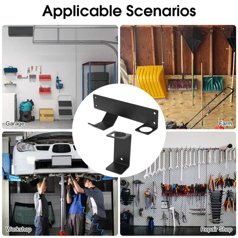 Collage showing wall mounted jack stand for garage and workshop in industrial grade steel, heavy duty car jack holder with reinforced hook.