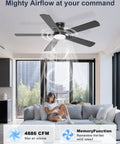 Sleek 52 Inch Black Flush Mount Ceiling Fan With Low Profile Frame And Soft Ambient Lighting Delivers Solid Airflow Without Dropping Down Or Cluttering Your Space in modern living room setting.