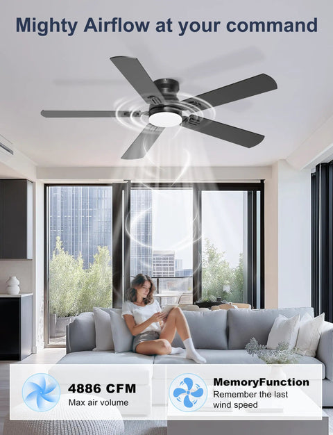 Sleek 52 Inch Black Flush Mount Ceiling Fan With Low Profile Frame And Soft Ambient Lighting Delivers Solid Airflow Without Dropping Down Or Cluttering Your Space in modern living room setting.