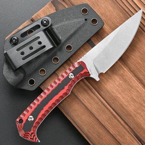 Fixed Blade Knife With VG10 Steel, Two Tone G10 Handle, Full Tang, And Sheath For Outdoor Camping And Hunting displayed on wood surface