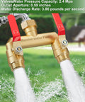 Beefy 2 Way Hose Splitter With Full Flow Design, Long Metal Handles, Brass Rust and Freeze Resistant, Garden Water Splitter T Adapter Three Quarter Inch GHT Thread, Red installed on faucet with two hoses flowing