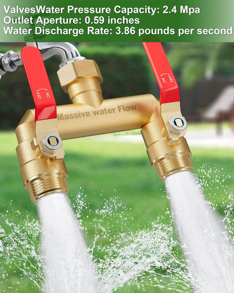 Beefy 2 Way Hose Splitter With Full Flow Design, Long Metal Handles, Brass Rust and Freeze Resistant, Garden Water Splitter T Adapter Three Quarter Inch GHT Thread, Red installed on faucet with two hoses flowing