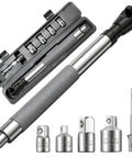 Right Angle Offset Extension Wrench Set For Tight Spots With Socket Adapters For Drills And Impact Wrenches, Ratchets And Manual Tools, Automotive Repair Kit That Reaches Behind Engines, Plumbing And Machinery, shown with adapters and case