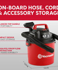 Pro Grade 2.5 Gallon Wet Dry Shop Vac Featuring Wall Mount Storage And Killer Suction Motor For Rapid Garage Sweeps Durable Carry Handle Design In Fiery Red with mounted hose and accessory storage.