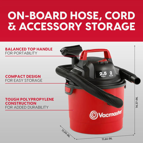 Pro Grade 2.5 Gallon Wet Dry Shop Vac Featuring Wall Mount Storage And Killer Suction Motor For Rapid Garage Sweeps Durable Carry Handle Design In Fiery Red with mounted hose and accessory storage.