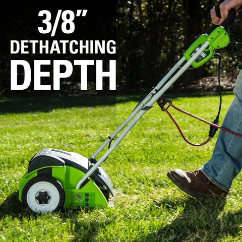 Person using a 10 Amp 14 Inch Corded Electric Dethatcher With Stainless Steel Tines For A Healthier Lawn on grass