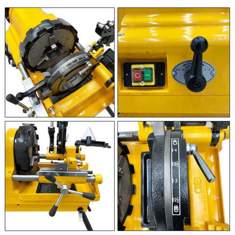 Pro Grade Electric Pipe Threader Machine For Half Through Four Inch Bspt And Npt Threads With 220v Heavy Duty Specs showing controls and threading mechanism.