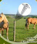 Horses in a field beside a fence with a Five Piece Anchor Wire Vise Set for Tightening visible in a circular inset.
