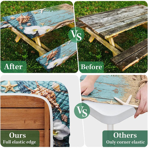 Comparison before and after using Picnic Table Cover With Bench Covers Elastic Edges 72 Inch 3 Piece Set Waterproof Outdoor Tablecloth With Drawstring Bag For Camping Patio Beach Vibes Windproof Fitted Table Cover.