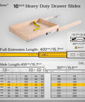 Diagram showing Full Extension Ball Bearing Drawer Slides 16 Inch Set Of 2 Pairs with measurements and installation details
