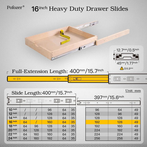 Diagram showing Full Extension Ball Bearing Drawer Slides 16 Inch Set Of 2 Pairs with measurements and installation details