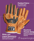 Endura Impact Leather Work Gloves With Water Resistance And Padded Palms for comfort and protection, showing keystone thumb and features