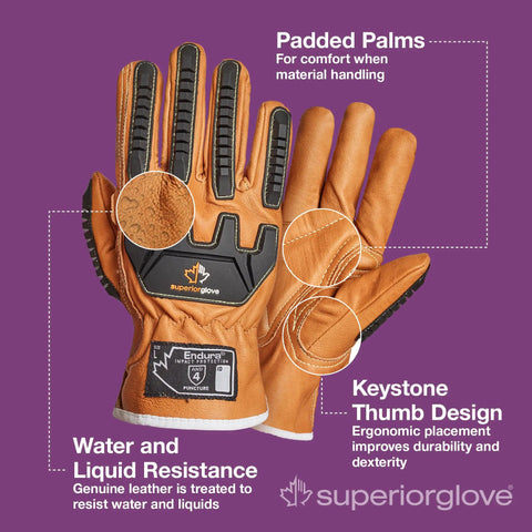 Endura Impact Leather Work Gloves With Water Resistance And Padded Palms for comfort and protection, showing keystone thumb and features