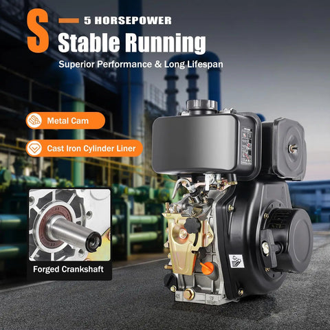 5HP Diesel Engine 247cc 4 Stroke Single Cylinder Hand Start With 3600 RPM for pumps and generators, features highlighted