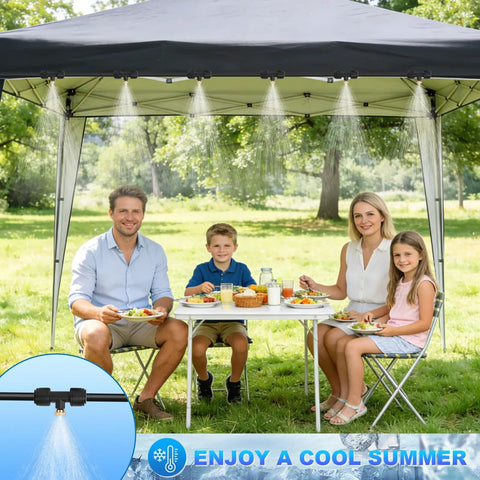 Family enjoying picnic under gazebo with Plug And Play Outdoor Misting Kit 50 Feet Installation Free With Built In Water Filter.