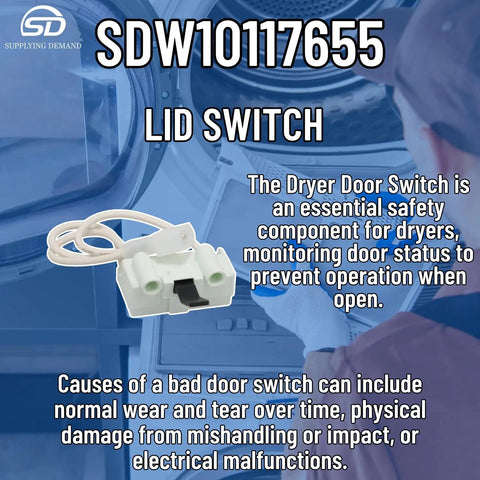 Push To Start Dryer Switch Replacement W10117655 Fits Model Specific Dryers Not Universal Easy Install Durable Start Switch For Faulty Starter WPW10117655 Compatible High Quality OEM Compatible Replacement, safety component shown with label SDW10117655 in background