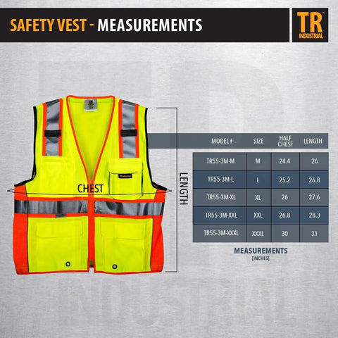Top Shelf Class Two High Visibility Safety Vest With Deep Carry Pockets And Slick Zipper Front Built Like A Tank Rock Solid Reflective Bands Fast Drying Mesh Side Panels Pro Grade Rig For Long Days On The Job XXXL with measurement details
