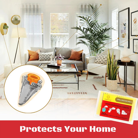 Living room with pack of 'All In One Drywall Patch And Anchor Repair Kit With 20 Patches, Screws And Anchors' shown inset.