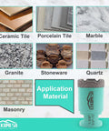 LEKOMESH turquoise tile drill bit with 5/8-11 thread beside sample ceramic, porcelain, marble, granite tiles.