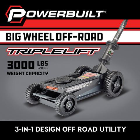 Big Wheel Three In One Garage Jack For Cars Trucks And Motorcycles With One And A Half Ton Capacity And 3000 Pound Lift