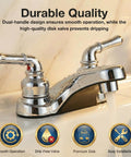 Lynden Bathroom Sink Faucet With Chrome Finish, Dual Levers For Quick Temperature And Water Pressure, shown on a sink