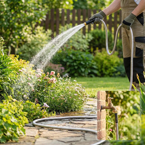 Stainless Steel Garden Hose With Flexible Braided Design, 6Ft Length watering flowers, showcasing durability and versatility outdoors.