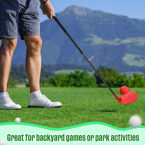 Person using the 4 Pack Backyard Golf Club Set For Kids And Adults, Adjustable Plastic Practice Clubs with ball on grass field