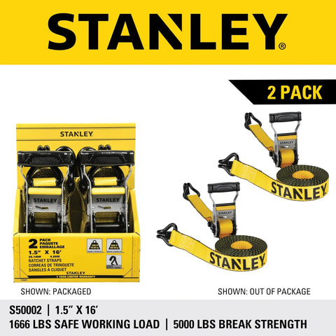 Heavy Duty Ratchet Tie Down Straps 1.5 Inch By 16 Foot 5000 Lb Load Rating 2 Pack displayed in packaging and out of package.
