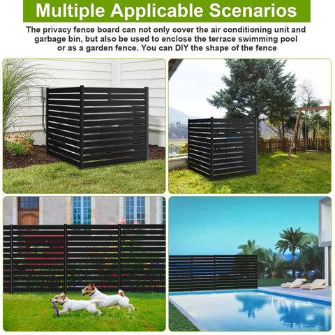 Heavy Duty 3 Panel Metal Privacy Screen Fence For Outdoor Spaces 42 Inch Tall 38 Inch Wide Panels Hide AC Units Trash Cans And Pool Equipment No Dig Design Easy Install Black Upgrade Your Yard Vibe in multiple outdoor settings