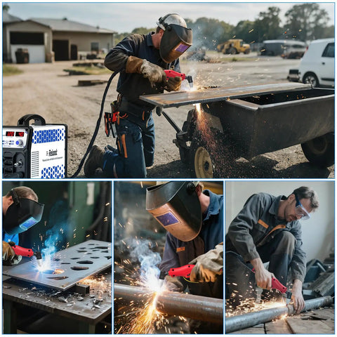 Workers using Plug And Play Plasma Cutter with Built In Air Compressor, 40A 120V IGBT Inverter Digital Cutting Machine in various settings