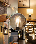 Collage of Vintage LED Edison Bulbs 60 Watt Equivalent Dimmable ST58 Filament Lights Old School Glow Warm White 3000K in various settings