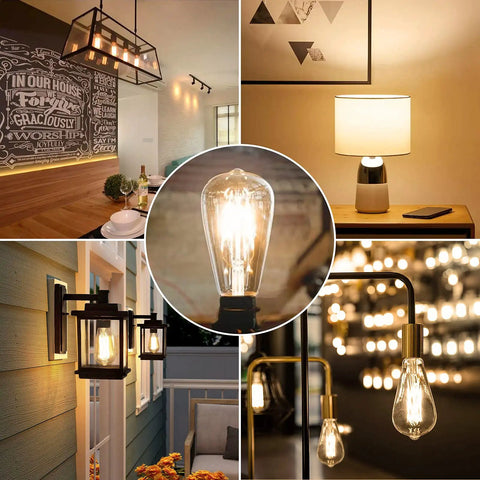 Collage of Vintage LED Edison Bulbs 60 Watt Equivalent Dimmable ST58 Filament Lights Old School Glow Warm White 3000K in various settings