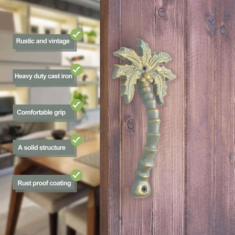 Heavy Duty Coconut Tree Shaped Barn Door Handles 7.5 Inch Cast Iron Pulls Rustic Antique Metal Door Pulls For Barn Doors Gates Garages Sheds Cabinets And Closets 4 Pack mounted on wooden panel