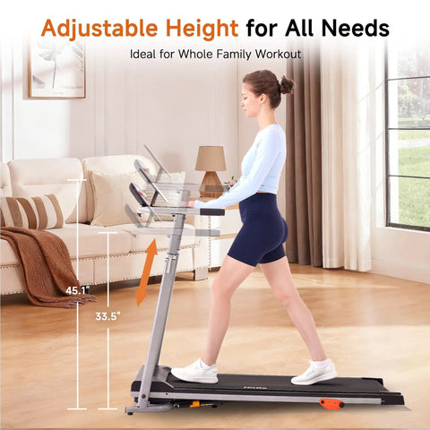 2 In 1 Folding Treadmill With Height Adjustable Desk For Home Office Use, Standalone Workout Machine Reaches Up To 8 MPH, Pneumatic Vertical Fold, 265 Lb Capacity, Black side view